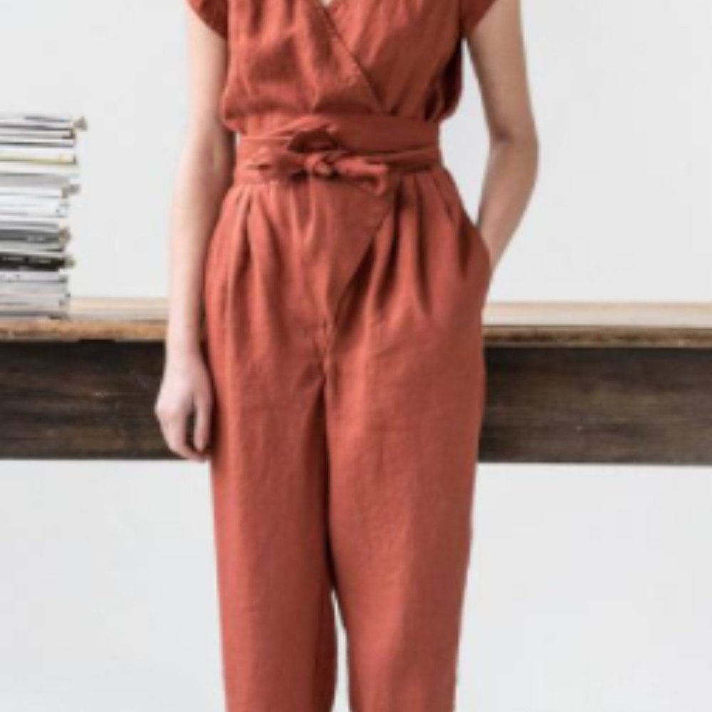 Wrap Linen Jumpsuit - Rust- Medium - image 3